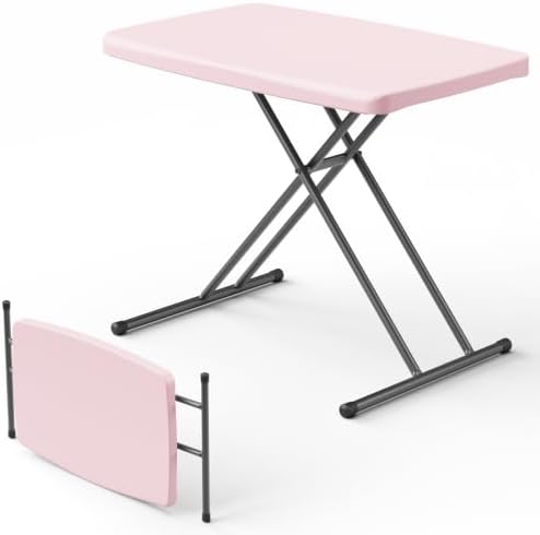 Folding Table, 30 Inch TV Tray with 3 Levels Adjustable Height, Heavy Duty No Assembly Foldable Small Table for Eating or Working on Couch, Living Room, Office, Indoor and Outdoor Use(Pink)