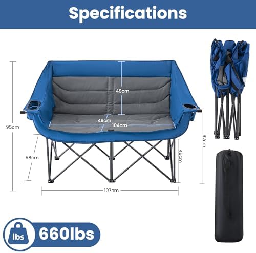 Asrug Padded Double Camping Chair 2 Person Folding Camping Chair Loveseat with Cup Holders and Side Pockets Heavy Duty Camping Couch for Outdoor Beach Fishing Garden 650lbs Support (Blue & Dark Gray)