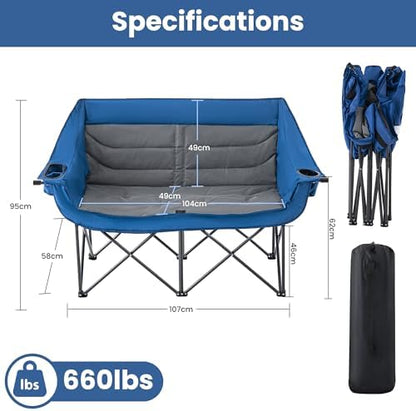 Asrug Padded Double Camping Chair 2 Person Folding Camping Chair Loveseat with Cup Holders and Side Pockets Heavy Duty Camping Couch for Outdoor Beach Fishing Garden 650lbs Support (Blue & Dark Gray)