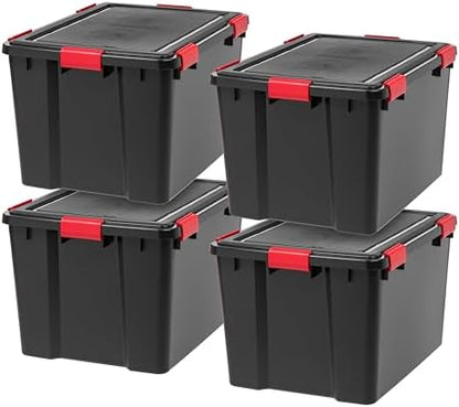 IRIS USA 4-Pack 74 Qt Storage Bins with Gasket Lids, Black/Red