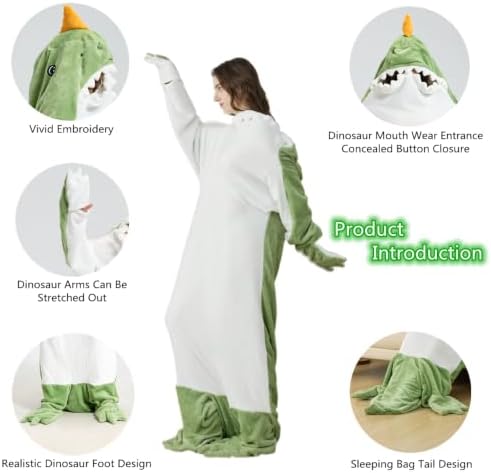Wearable Dinosaur Blanket for Adults Hoodie Animal Sleeping Bags Soft Cozy Dinosaur Gifts(XXL fit for Height 5'9"-6'1")