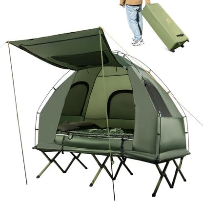 Goplus Camping Tent Cot, 5-in-1 Folding Camping Bed with Air Mattress, Pillow, Sleeping Bag, Waterproof Elevated Tent Shelter, Portable Outdoor Sleeping Cot with Carry Bag for Picnic, Trip