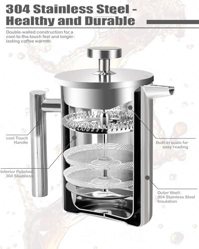 French Press Coffee Maker, Stainless Steel, Silver, 17 OZ