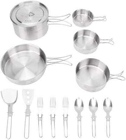 13 Piece Camping Cookware Set Stainless Steel Pots and Pans Set with Folding Forks Spoons Spatulas, Portable Lightweight Camping Mess Kit for Backpacking, Outdoor Cooking