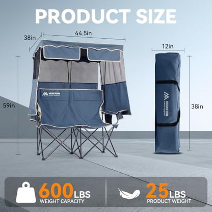 Double Camping Chair with Canopy,2 Person Folding Chair with Canopy, Blue