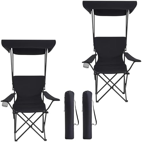 Portable Camping Chair 2 Pack with Foldable Canopy, Folding Outdoor Chair with Cup Holder & Side Pocket for Camping, Hiking, Picnic, Beach (Black)