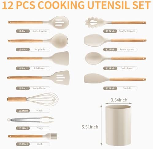 Silicone Cooking Utensil Set,12 PCS Cooking Cookware Kitchen Utensils Set for Cooking, Nonstick 446°F Heat-Resistant Cookware Kitchen Tools of Spoon,Brush,Whisk,Spatula,Turner Tongs (Khaki)