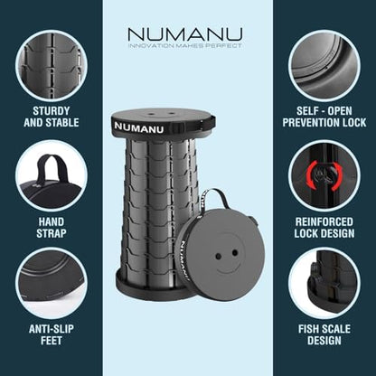 NUMANU Old-Gen Collapsible Stool, Max 400lbs, Adjustable Portable Folding Stool for Adults, Retractable Foldable Telescopic Seat Camping Chair or Footrest