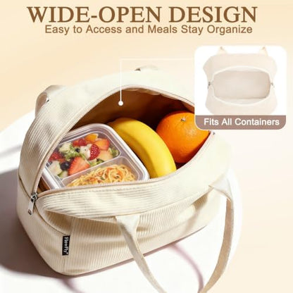 FlowFly Lunch Bag for Women Insulated Lunch Box Corduroy Lunch Tote Cooler for Travel Work Picnic,Corduroy Beige