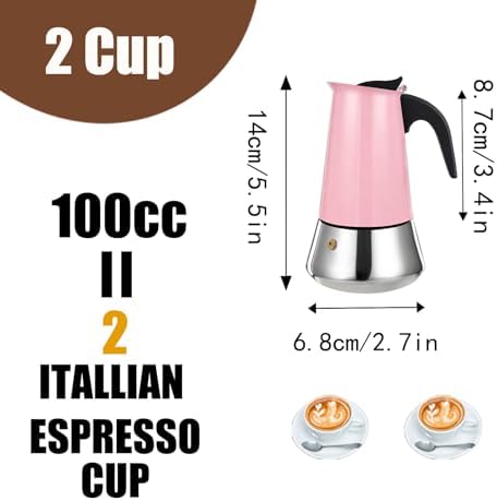 2 Cup Stovetop Espresso Maker Stainless Steel Moka Pot Stove Top Percolator Italian Coffee Makers Capable Mocha Greca Machine Cafe Classic Induction Cookers for Home and Camping 100ml 3.3oz