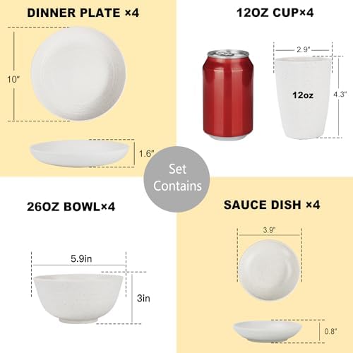 Premium Wheat Straw Dinnerware Set for 4 Unbreakable Plates Bowls and Cups Set 16 PCS Dishwasher & Microwave Safe Dishes Set for RV,Camping,Kitchen Essentials-White
