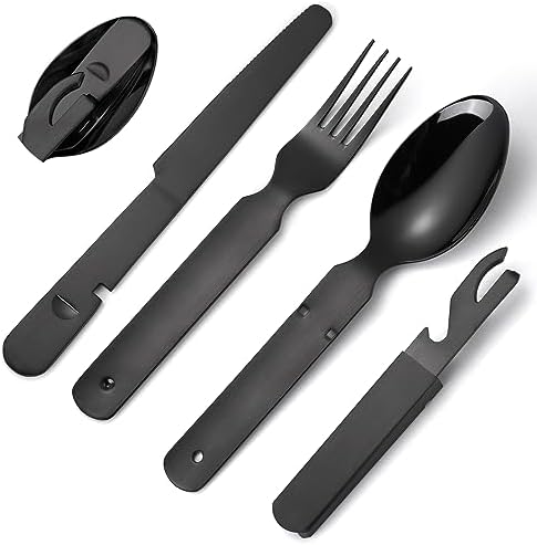 Portable Silverware Black Flatware Camping Cutlery Stainless Steel Spoon Fork Knife and Bottle Opener 4 Pieces Utensil Outdoor Travel Foldable Easy to Clean