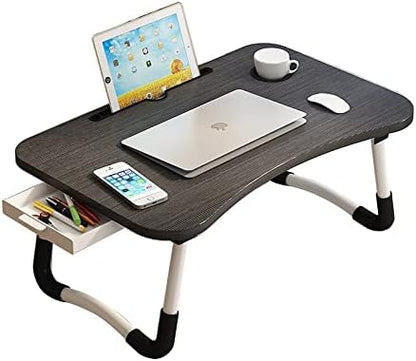 Home Office Lap Desk with Storage Drawer, Cup and Phone Holder, Laptop Bed Tray Table, 23.6" Foldable Desk, Laptop Stand for Breakfast, Working, Writing, Gaming and Drawing