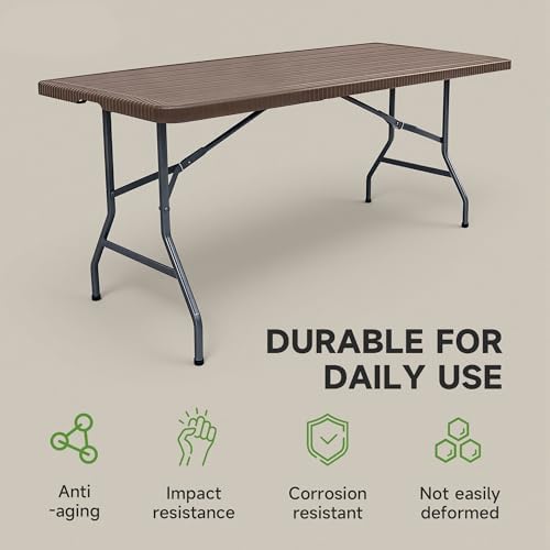 Folding Table 6 Foot, HDPE Wood Grain Pattern,Heavy Duty 600 lbs Capacity, Sturdy Design with Safety Lock, Portable & Foldable for Camping, Party, Indoor & Outdoor Use, 1 Pack.