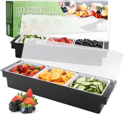 WICHEMI Ice Chilled Condiment Caddy with 3 Removable Trays and Lid, 2 Pack