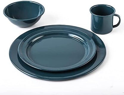 Cinsa 16 Piece. Enameled Dinnerware Camping/Outdoor Set for 4. Includes Plates, Bowls, Mugs, Coffee Boiler
