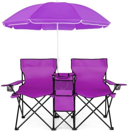 Goplus Double Camping Chairs with Umbrella, Cooler for Beach Patio