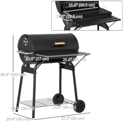 Outsunny 30" Portable Barrel Charcoal BBQ Grill w/Storage Shelf Black
