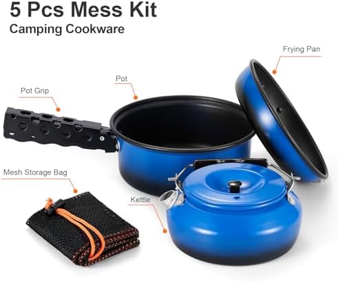 Odoland 5pcs Camping Cookware Non-Stick Camping Pot and Pan Set with Kettle and Removable Handle for Hiking Backpacking and Picnic