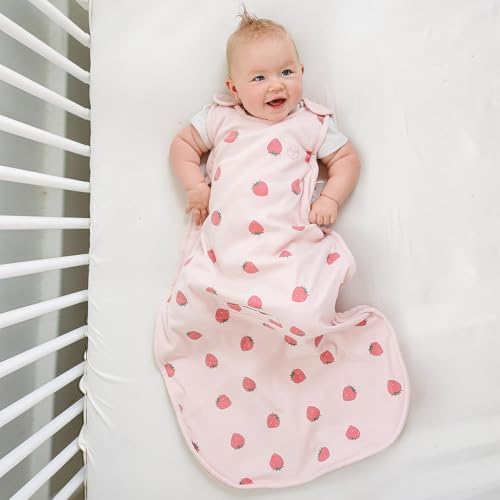 Woolino 4 Season Ultimate Baby Sleep Sack, Merino Wool Baby Sleeping Bag, Organic Cotton Outer, Adjustable 2-24 Months Size Fits Infants & Toddlers - Strawberry