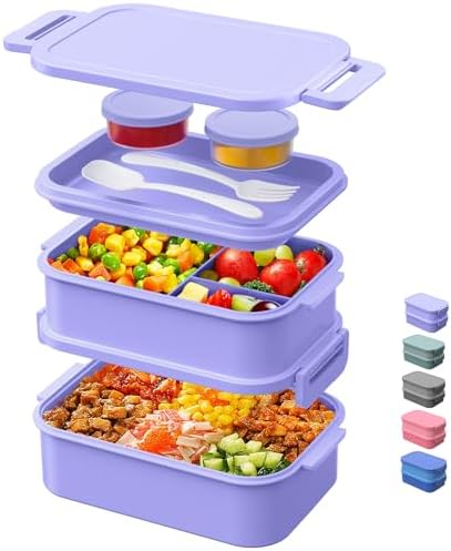 DaCool Lunch Box Adults Bento Box - 74 OZ All-in-One Stackable Lunch Box Containers for Adult Large Bento Box with Fork Spoon Sauce Boxes, Leakproof Lunchbox for Work School Dining Out,Macaron-Color