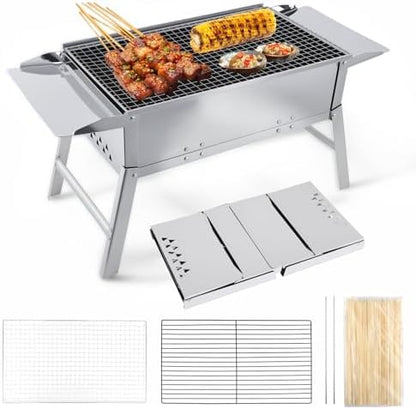 Foldable Portable Charcoal Grill 17.7x9.8 Inch Compact Small BBQ Grill Outdoor Cooking Stove Stainless Steel Folding Grill with Wood Skewers for Beach/Travel/Balcony/Camping/Backyard