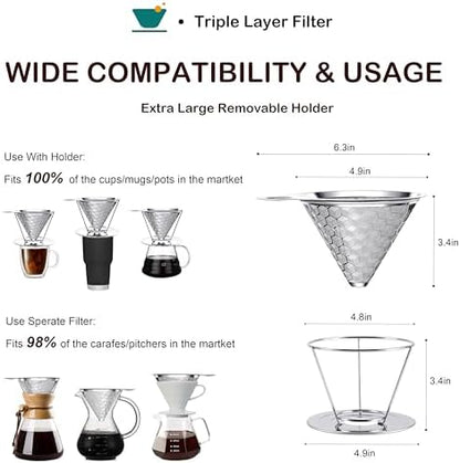 Pour over Coffee Dripper, Triple Layer Stainless Steel Cone Coffee Filter, 4 Cup Non-Electric Manual Portable Drip Coffee Maker, Metal Cone Cafe Coffee Dripper