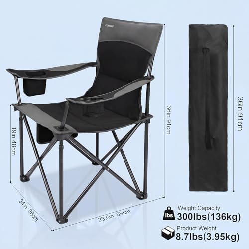 Oversized Camping Chair for Adults - 2 Pack Padded Lawn Chairs with Cup Holder & Side Pocket,Heavy Duty Folding Outdoor Chairs for Camp,Sports,Picnic,Beach,Black
