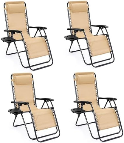 Sweetcrispy Zero Gravity Chairs, Set of 4 Portable Recliner Beach Camping Patio Outdoor Folding Lounge Chair with Cup Holder Trays and Adjustable Pillow for Poolside, Garden, Backyard, Lawn, Khaki
