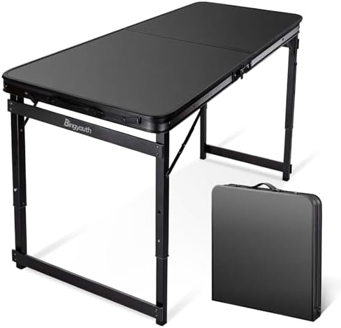 Folding Camping Table, Black Aluminum Frame,3-Position Adjustable Height,Lightweight Carry Handle, Portable for Travel, Camping Outdoor Use, 4FT x 2FT(Large), Black