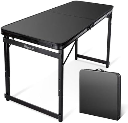 Folding Camping Table, Black Aluminum Frame,3-Position Adjustable Height,Lightweight Carry Handle, Portable for Travel, Camping Outdoor Use, 4FT x 2FT(Large), Black