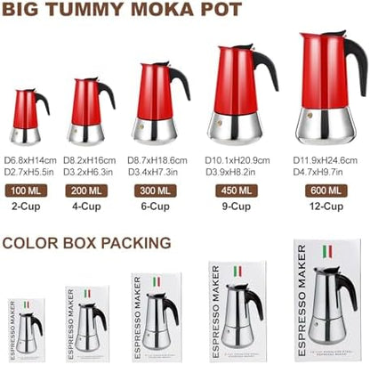 9 Cup Stovetop Espresso Maker Stainless Steel Moka Pot Stove Top Percolator Italian Coffee Makers Capable Mocha Greca Machine Cafe Classic Induction Cookers for Home and Camping 450ml 15oz