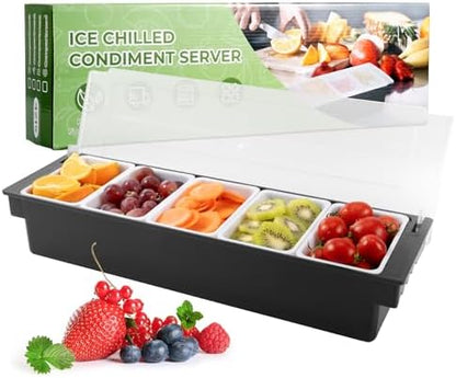WICHEMI Ice Chilled Condiment Caddy with 5 Removable Trays and Lids