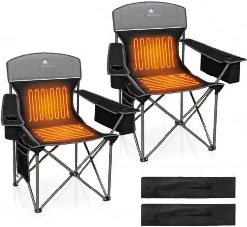 Heated Camping Chairs 2 Pack - Heavy Duty 400LBS Padded Lawn Chair with Cup Holder,Side Pocket,Collapsible for Outdoor,Camp,Fishing & Garden,Black,Battery NOT Included