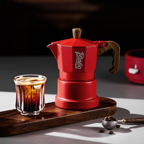 Bincoo Three-valve Espresso Maker Stovetop,2 Cups Camping Moka Pot Espresso Italian Coffee Maker,Rich Crema,Easy to Use (Red)