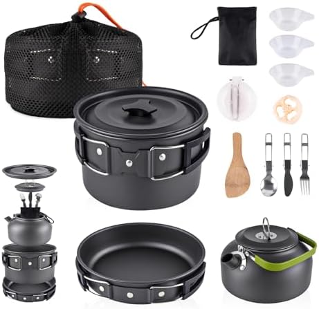 aiGear Camping Cookware with Pot Pan Kettle Cutlery Tableware 1-2 People