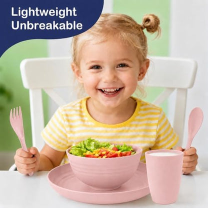 Wheat Straw Dinnerware Sets for 4, 20 Piece Unbreakable Kids Dinnerware Set, Toddler Plates and Bowls Sets, Kitchen Plates and Bowls Set, Lightweight Dish Set for Travel Camping Party - Muted Pink