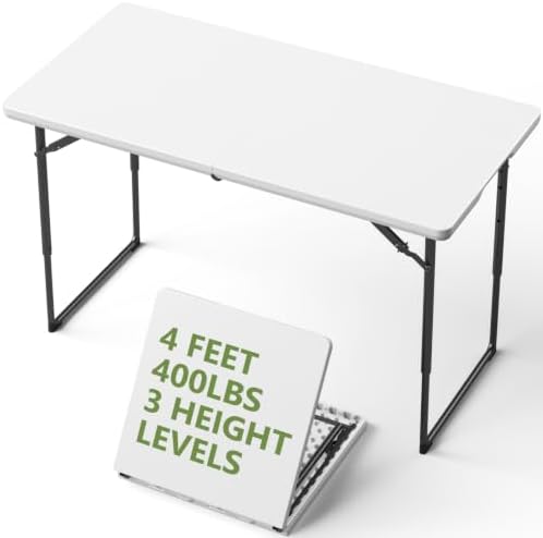 Folding Table, 4 FT Foldable Plastic Table with Adjustable Height, Heavy Duty Fold in Half Utility Table, Portable Picnic Table for Camping, Parties, RV Travel, Banquet