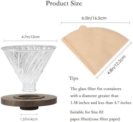 Lalord Pour Over Coffee Dripper with 100 pcs Size 02 Paper Filter, Walnut Handle and Borosilicate Glass, Glass Coffee Dripper, Hold for 1-4 Cups