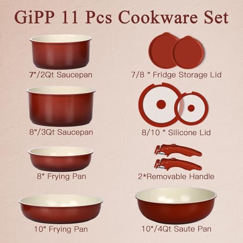 GIPP 11PCS Ceramic Pots and Pans Set Non Stick, Nonstick Cookware Set Detachable Handle, Red Black Gradien Pots and Pans Induction Kitchen Cooking Sets, RV Cookware Sets for All Stoves