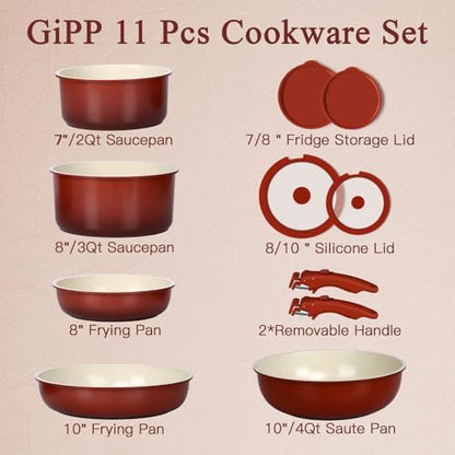 GIPP 11PCS Ceramic Pots and Pans Set Non Stick, Nonstick Cookware Set Detachable Handle, Red Black Gradien Pots and Pans Induction Kitchen Cooking Sets, RV Cookware Sets for All Stoves