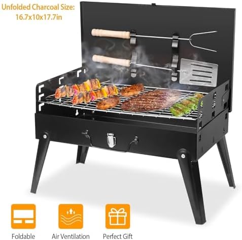 KOCASO Portable Charcoal Grill, Foldable BBQ Suitcase Grill Shelf for Outdoor Camping Picnics Garden Grilling – 16.7x10x17.7 in