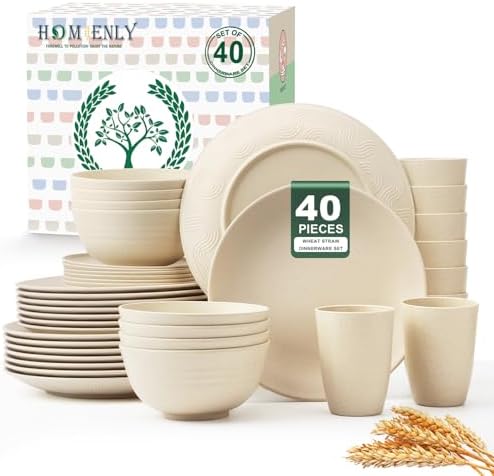Homienly 40 PCS Dinnerware Set Service for 8, Kitchen Wheat Straw Dinnerware Set Unbreakable - Plates Set, Bowls Set,Cups Set, Microwave and Dishwasher Safe Dish Set for Dinner, Outdoor(Beige)