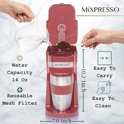 Mixpresso Single Serve & Single Cup Coffee Maker with 14oz Travel Mug Red