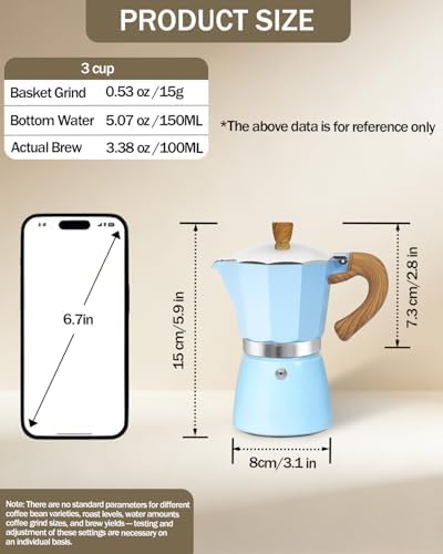 Coffee Maker Stovetop Espresso Maker 3 Cup Aluminum Moka Pot Percolator 5oz 150ml Easy Brewing for Electric Ceramic Stoves Home Camping Italian Cuban Café Classic Sip Sized Blue