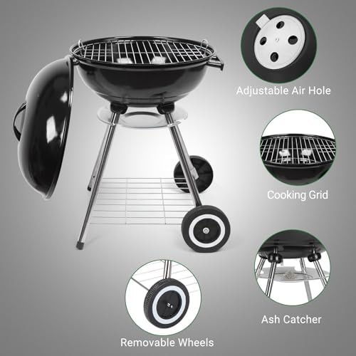 Outvita Charcoal Grill, 18 inch Stainless Steel BBQ with Wheels, Black