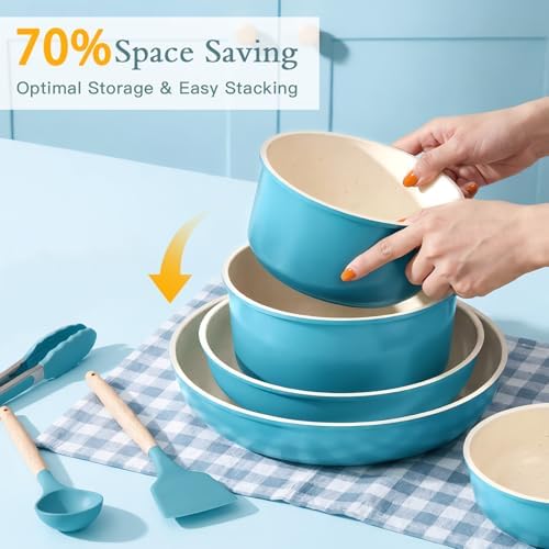 GIPP Pots and Pans Set Non Stick,Kitchen Cookware Set Detachable Handle, Non Toxic Cooking Pan Set with Frying Pans Set,RV Cookware Sets for All Stoves, Light Blue Gradient, 21PCS