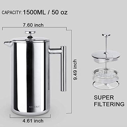 Secura French Press Coffee Maker, 304 Grade Stainless Steel Insulated Coffee Press with 2 Extra Screens, 50oz (1.5 Litre), Silver