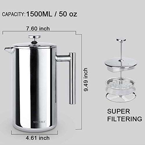 Secura French Press Coffee Maker, 304 Grade Stainless Steel Insulated Coffee Press with 2 Extra Screens, 50oz (1.5 Litre), Silver (Pack of 2)