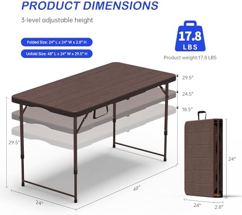 VSOAEIL 4 FT Folding Table, Small Plastic Foldable Table Adjustable Height